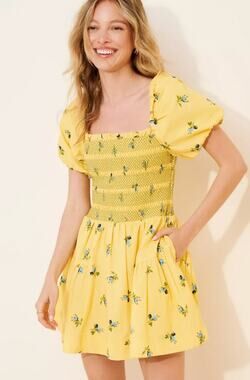 Anthropologie Somerset Adaptive Puff-Sleeve Smocked Mini Dress Yellow Floral S